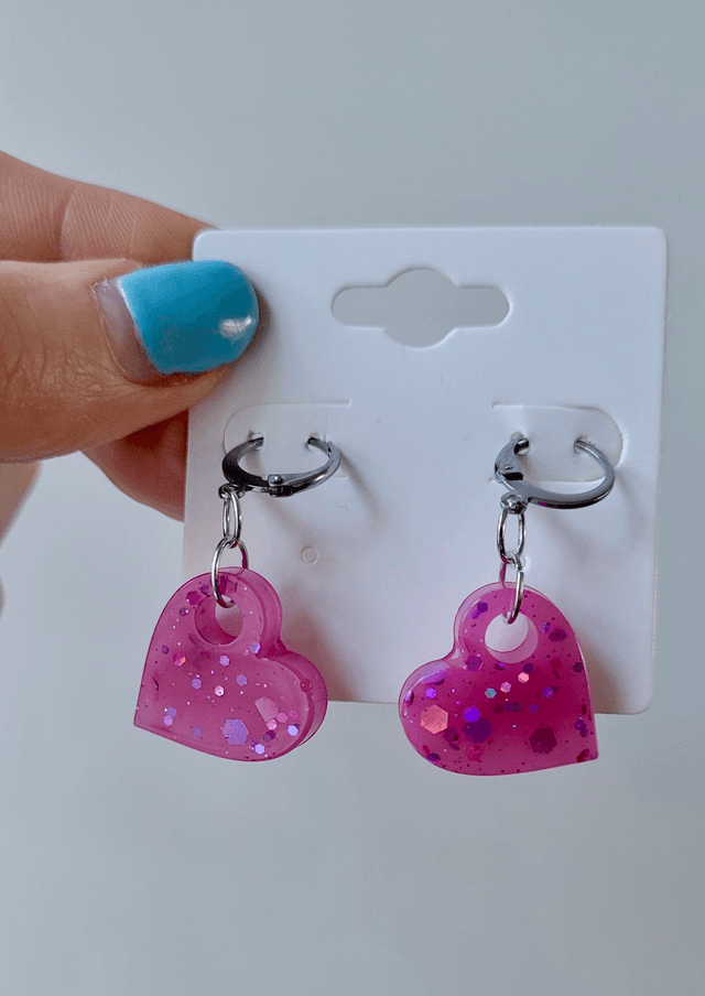 Earrings | Pink Glitter Hearts | Stainless Steel Hoops