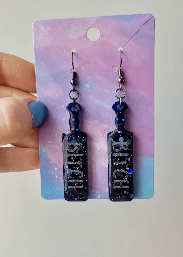 Earrings | Blue-Black Holographic Glitter BITCH earrings  | Stainless Steel Gunmetal Black Hooks