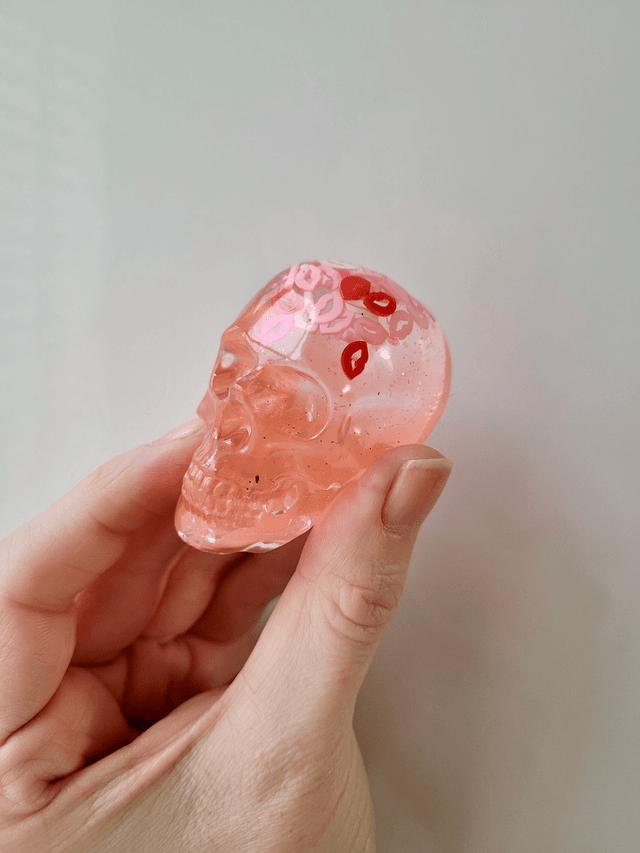 Skull Ornament - Medium - Pink Glitter Lips, Sprinkles, Kisses 