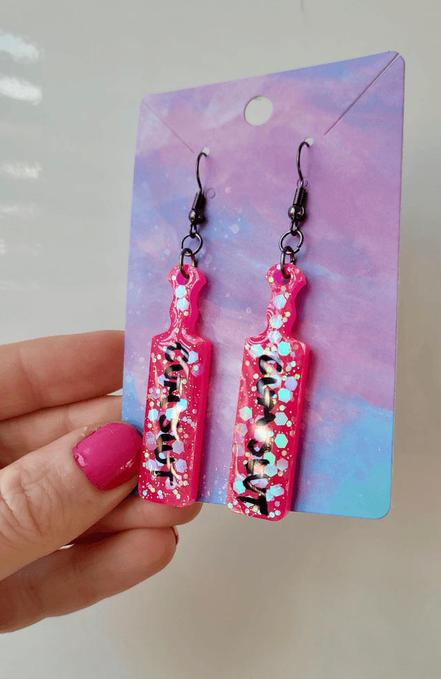Earrings | CUM SLUT Bright Pink Glitter Paddle Earrings | Stainless Steel Gunmetal Black Hooks