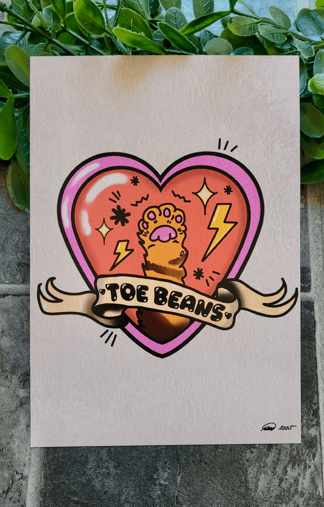 ‘Toe Beans’ A5 Art Print - Tattoo-Inspired Cat Paw in Heart & Scroll Design