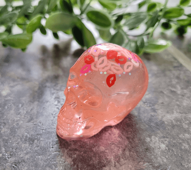 Skull Ornament - Medium - Pink Glitter Lips, Sprinkles, Kisses 