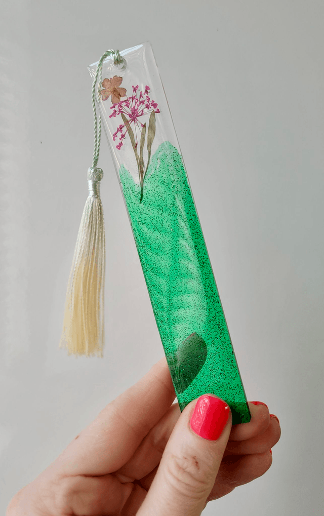 Green Glitter Floral Bookmark - Dried Flowers