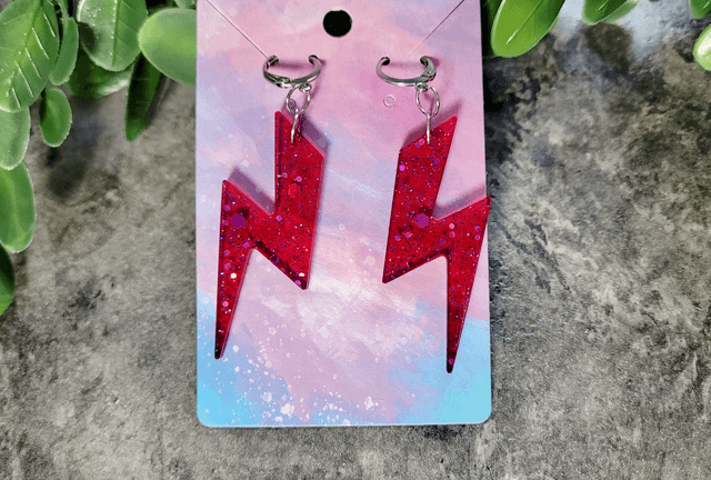 Earrings - Pink-Red Glitter Lightning Bolt Earrings | Stainless Steel Lever Back Hoops