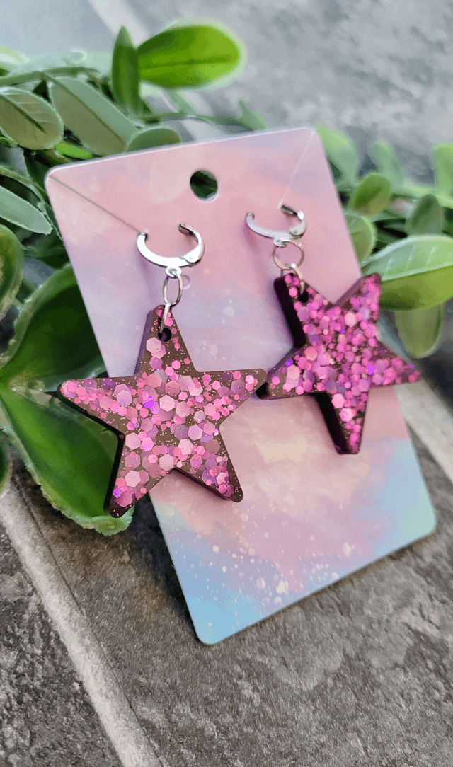 Earrings | Purple Star - Pink & Purple Holographic Glitter Star Earrings| Stainless Steel Hooks or Hoops
