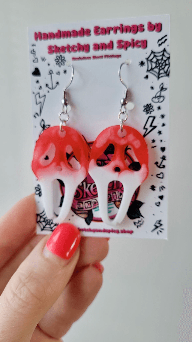 Earrings | Flat Holographic Bloody Ghostface Scream Earrings - White Bloody | Stainless Steel Hooks