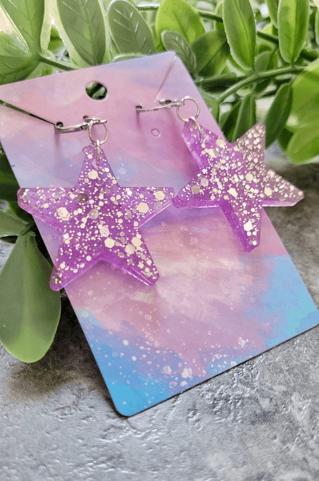 Earrings | Lilac Purple Glitter Stars | Stainless Steel Lever Back Hoops