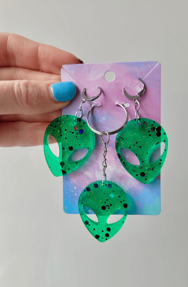 Earrings & Keychain Matching Sets | Glitter Alien Face Heads | Earring & Keyring