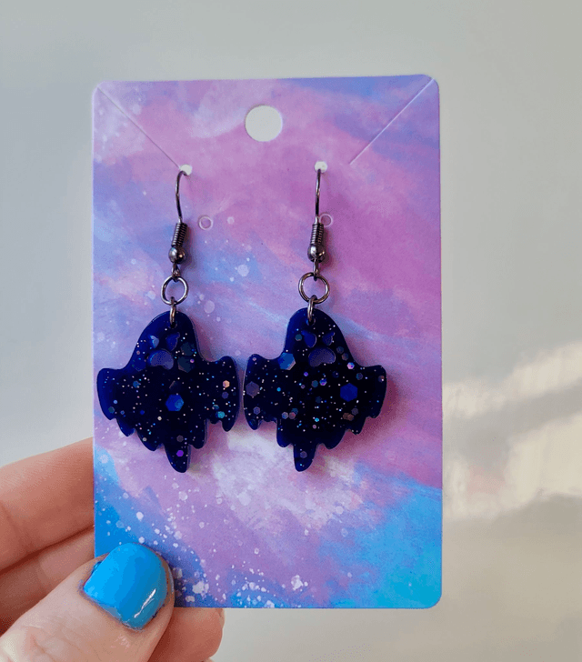 Earrings | Angry Ghost - Navy Blue-Black Glitter | Gunmetal Stainless Steel Hooks