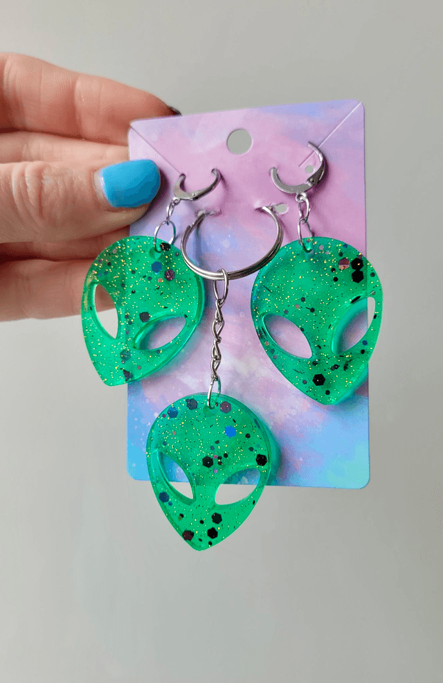 Earrings & Keychain Matching Sets | Glitter Alien Face Heads | Earring & Keyring
