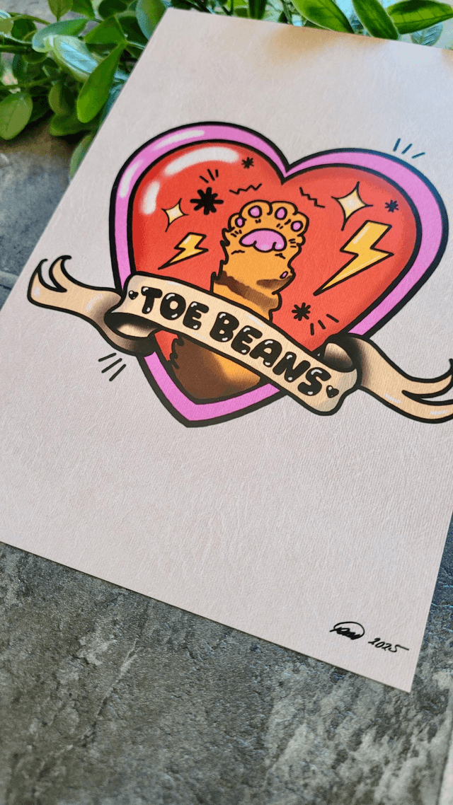 ‘Toe Beans’ A5 Art Print - Tattoo-Inspired Cat Paw in Heart & Scroll Design