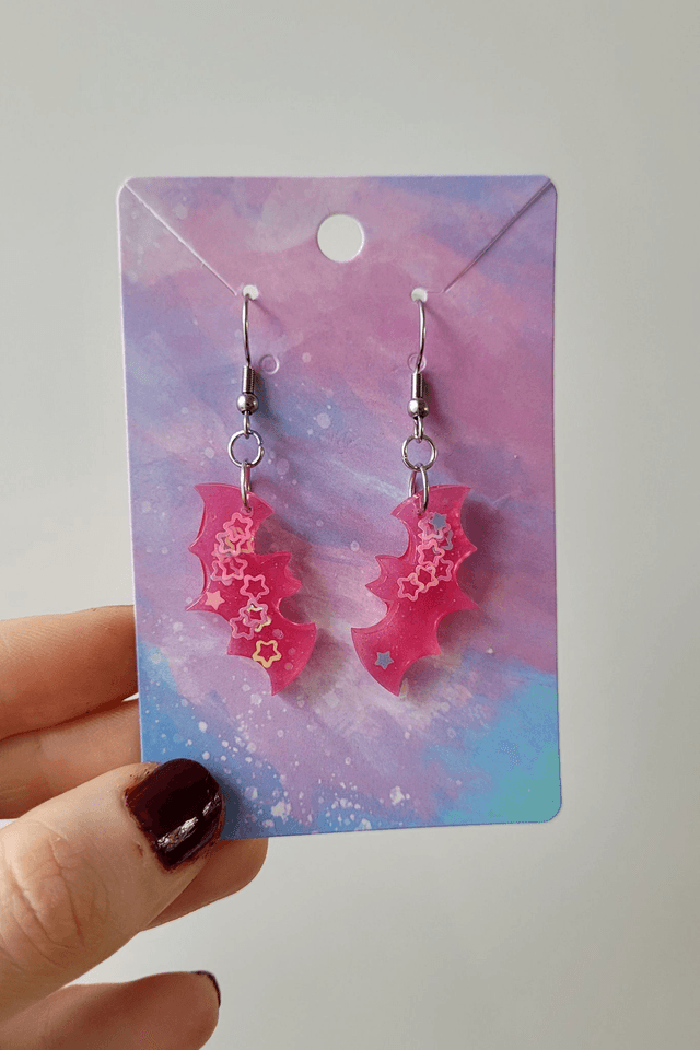 Earrings | Pink Star Glitter Bats | Stainless Steel Shepherd Hooks