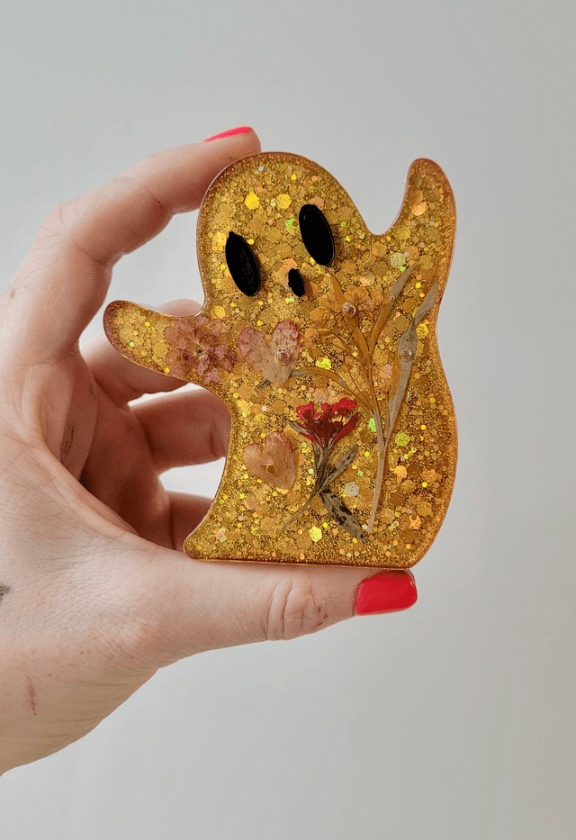 Ghost Ornament - Gold Glitter & Dried Flowers