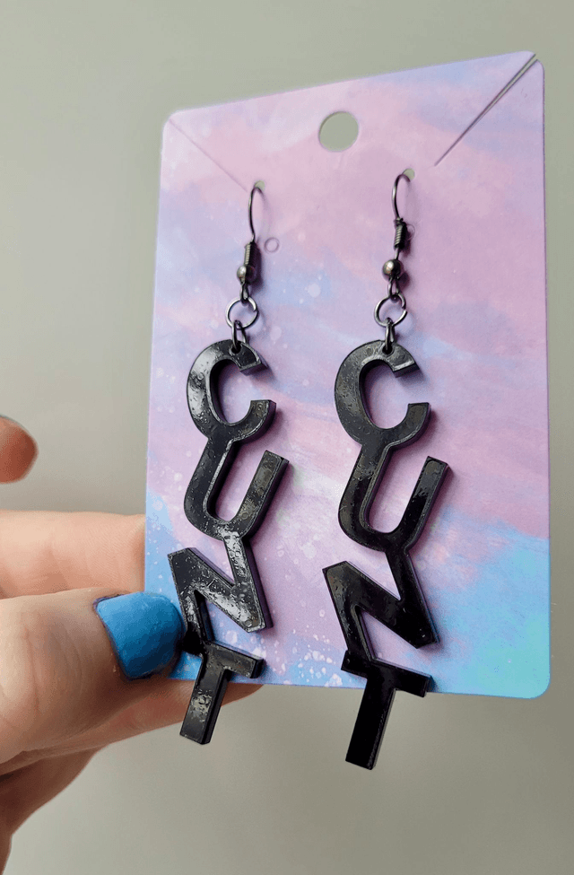 Earrings- Black CUNT Swear Earrings | Stainless Steel Gunmetal Hooks