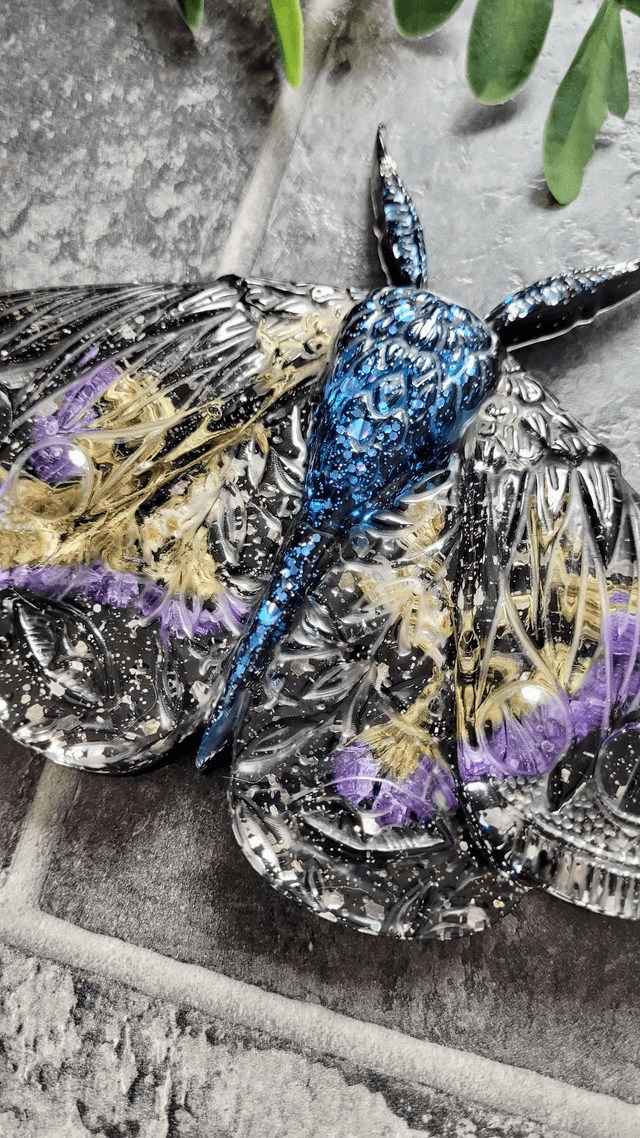 Moth Wall Hanging - Black Glitter, Purple Real Dried Flowers - Midnight Blue Body