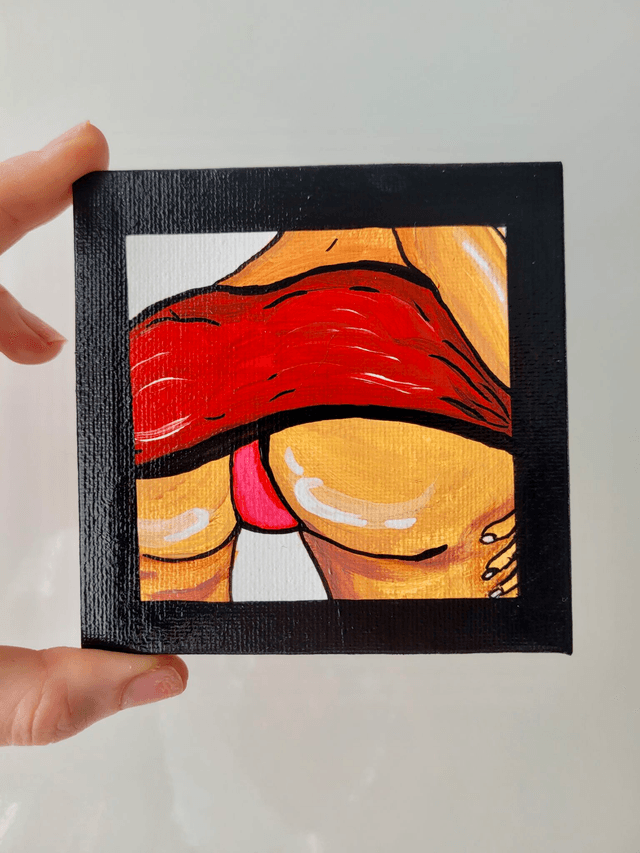 Original Mini Canvas Painting – Red Skirt and Rebellion - Butt Painting Black Border