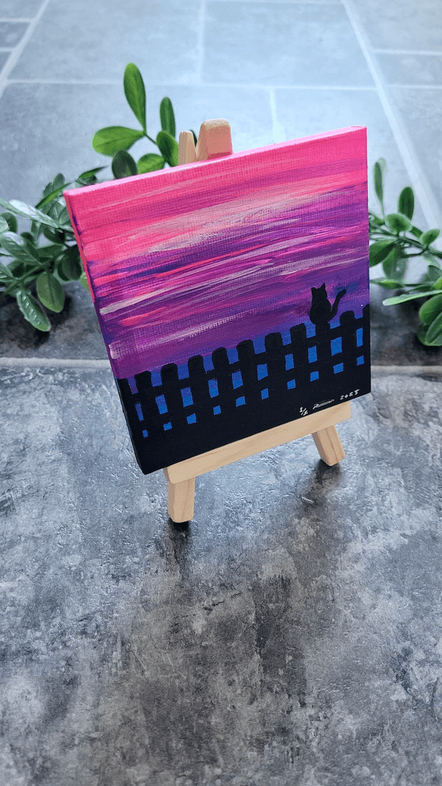 Original Mini Canvas Painting – Sunset Cat on Fence