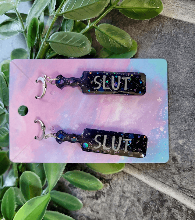Earrings | SLUT Paddle Earrings Blue Black Glitter | Stainless Steel Hoops