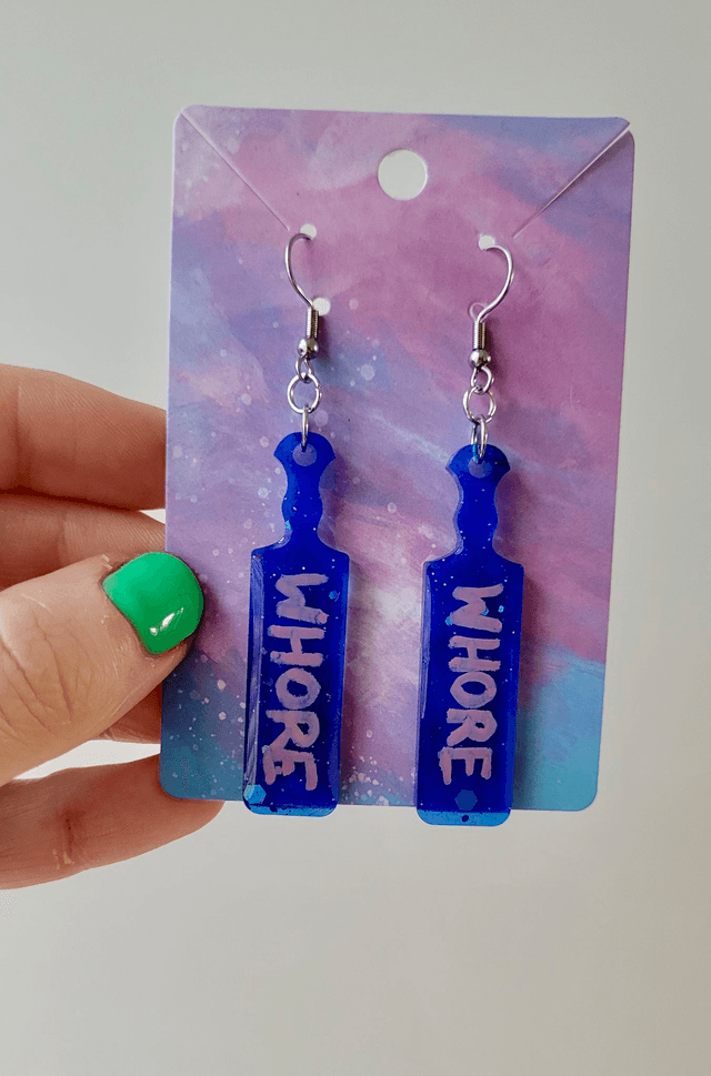 Earrings | WHORE Blue Glitter Paddle Earrings | Stainless Steel Hooks