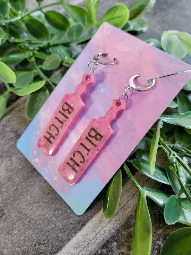 Earrings | Pink Glitter Bitch Earrings | Stainless Steel Hoops