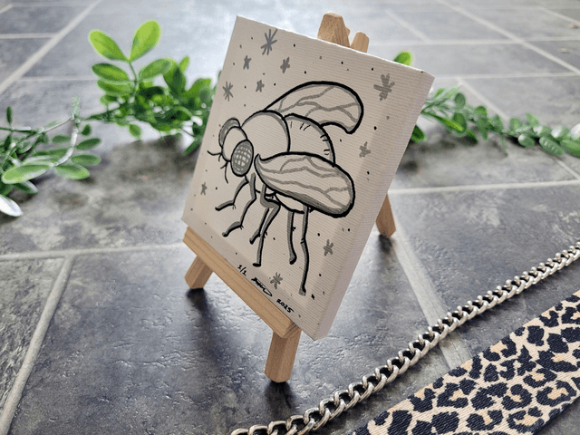 Original Mini Canvas Painting – Black & Silver Fly