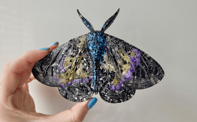 Moth Wall Hanging - Black Glitter, Purple Real Dried Flowers - Midnight Blue Body