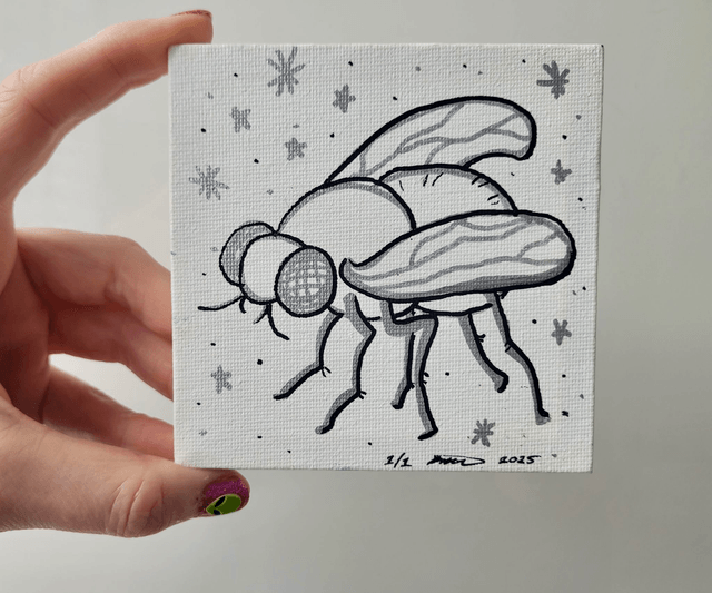 Original Mini Canvas Painting – Black & Silver Fly