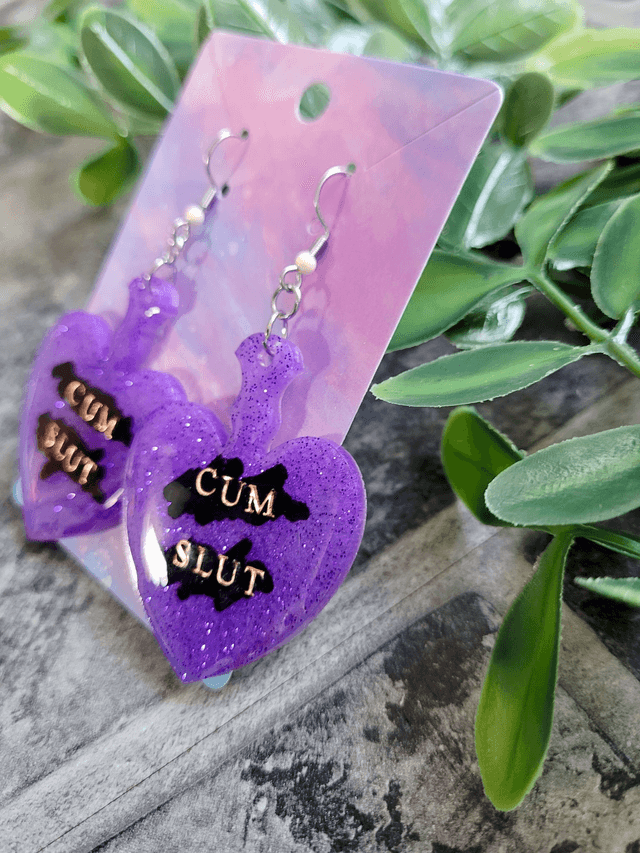 Earrings | CUM SLUT Heart Purple Glitter Paddle Earrings | Stainless Steel Hooks