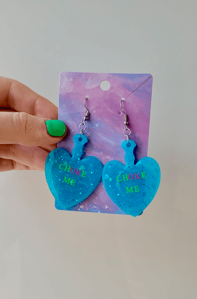 Earrings | CHOKE ME Blue Glitter Swirl Heart Paddle Earrings - Pink and Black Swirl Glitter  | Stainless Steel Hooks