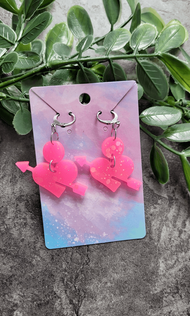 Earrings | Hot Pink Glitter Heart and Arrow | Stainless Steel Hoops