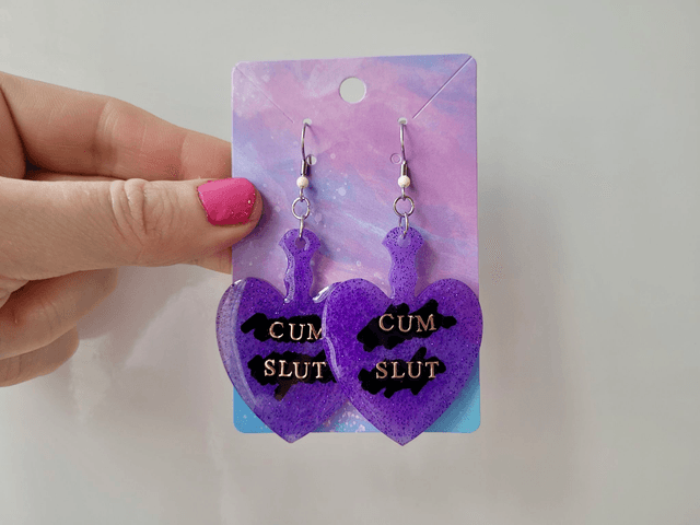 Earrings | CUM SLUT Heart Purple Glitter Paddle Earrings | Stainless Steel Hooks
