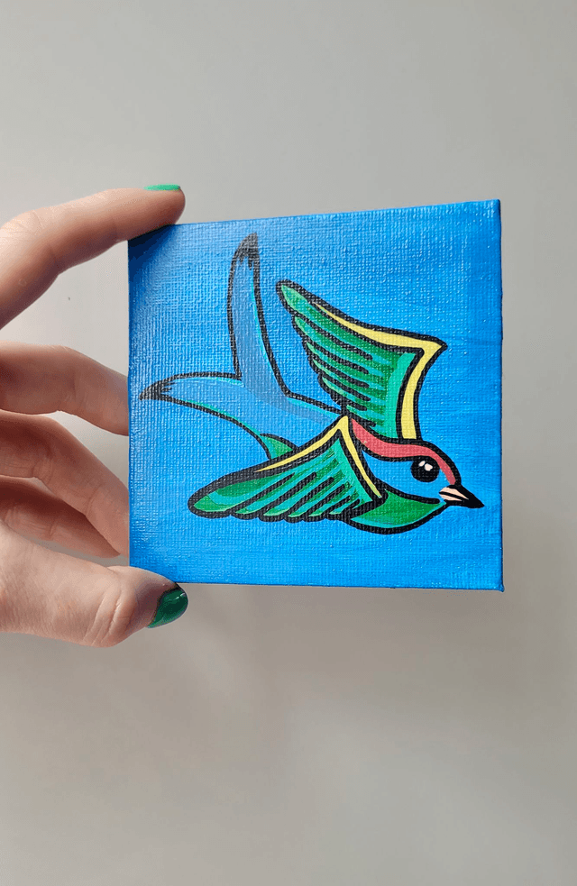 Original Mini Canvas Painting – Blue Swallow - Tattoo Style