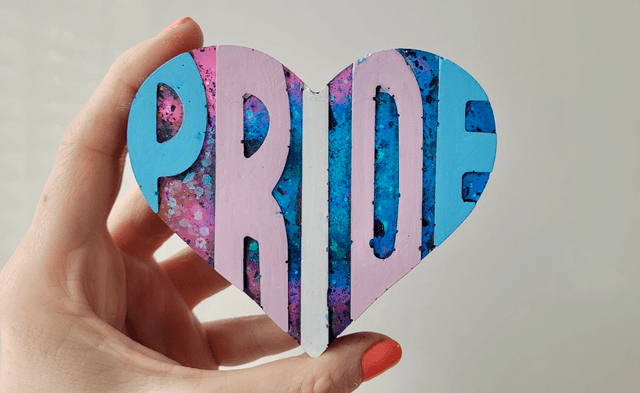 PRIDE Heart - Pink & Blue Glitter, Trans Flag Colours Text Heart Ornament