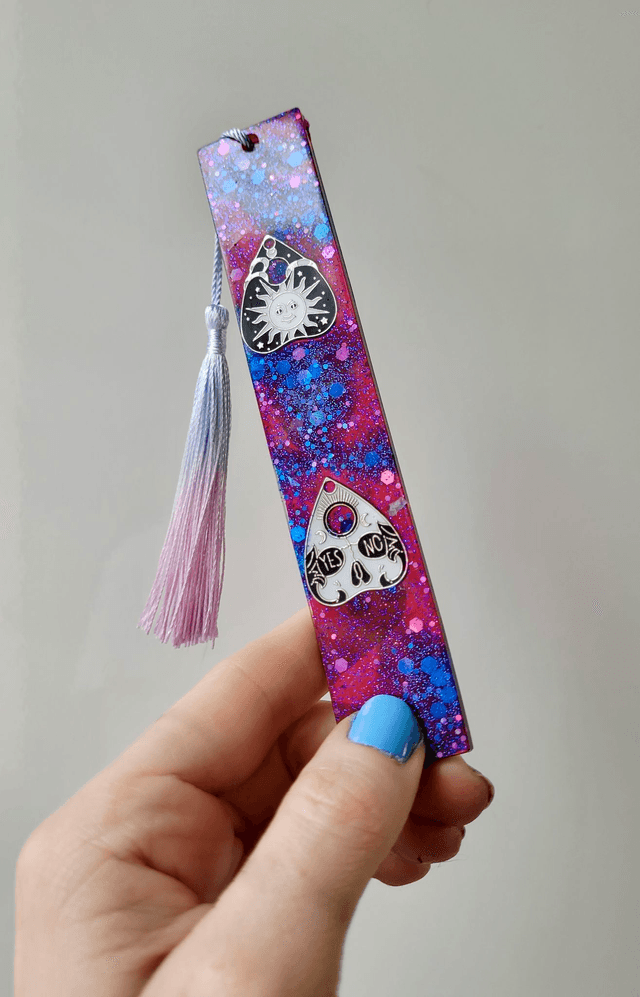 Bookmark- Purple, Blue, Pink Glitter with Oujia Planchette Charms