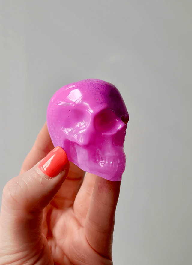 Skull Ornament - Medium - Pink with Purple Glitter