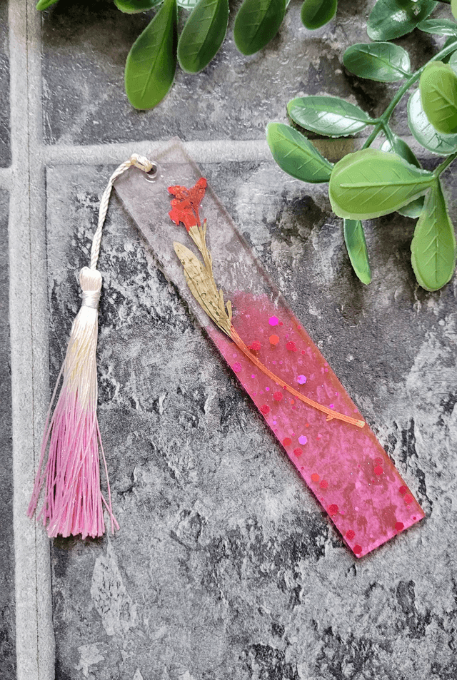 Pink Glitter Floral Bookmark - Dried Flowers
