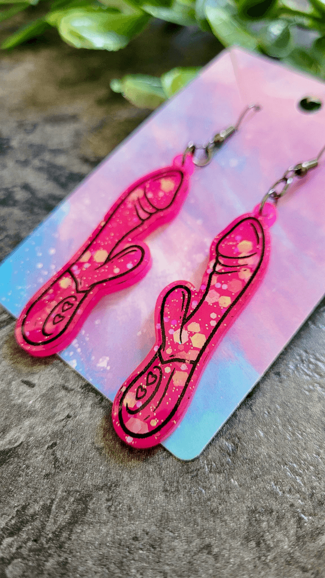 Earrings | Bright Pink Glitter Rabbit Vibrator Earrings | Stainless Steel Hooks
