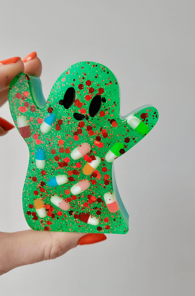 Ghost Ornament - Pilled Up - Green & Blue Glitter Ghost wil Pills & Red Glitter