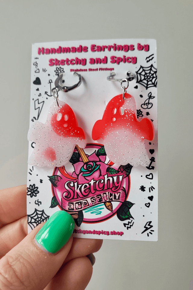 Earrings | Red and White Bloody Ghost Earrings with Silver Glitter | Stainless Steel Leverback Hoops