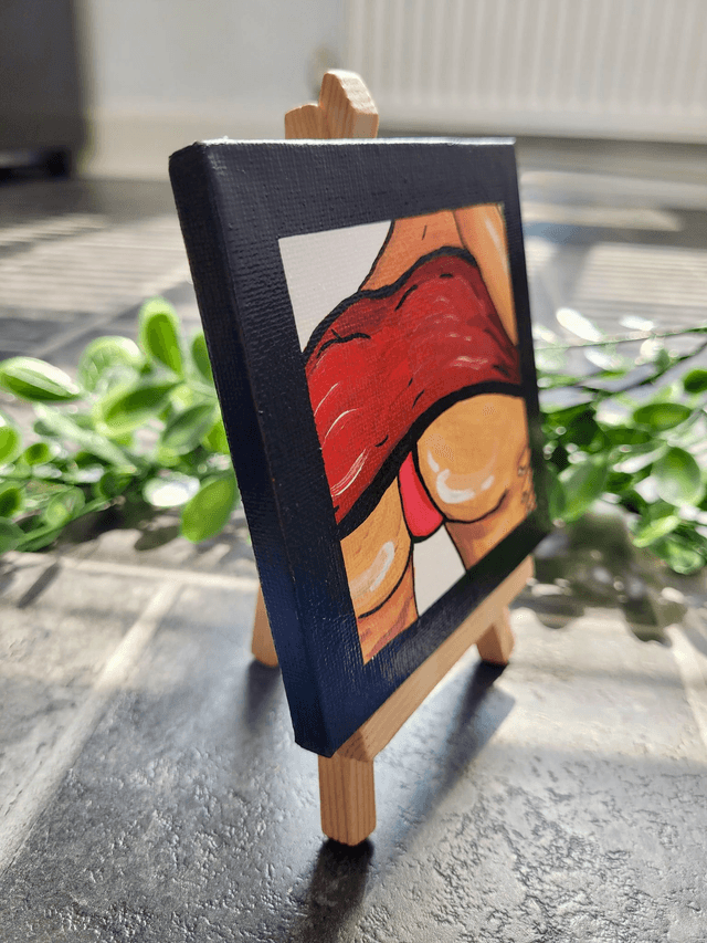 Original Mini Canvas Painting – Red Skirt and Rebellion - Butt Painting Black Border