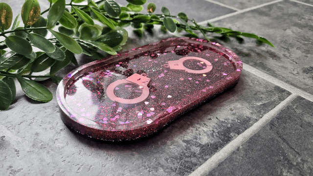 Trinket Tray - Pink Glitter Hearts and Handcuffs