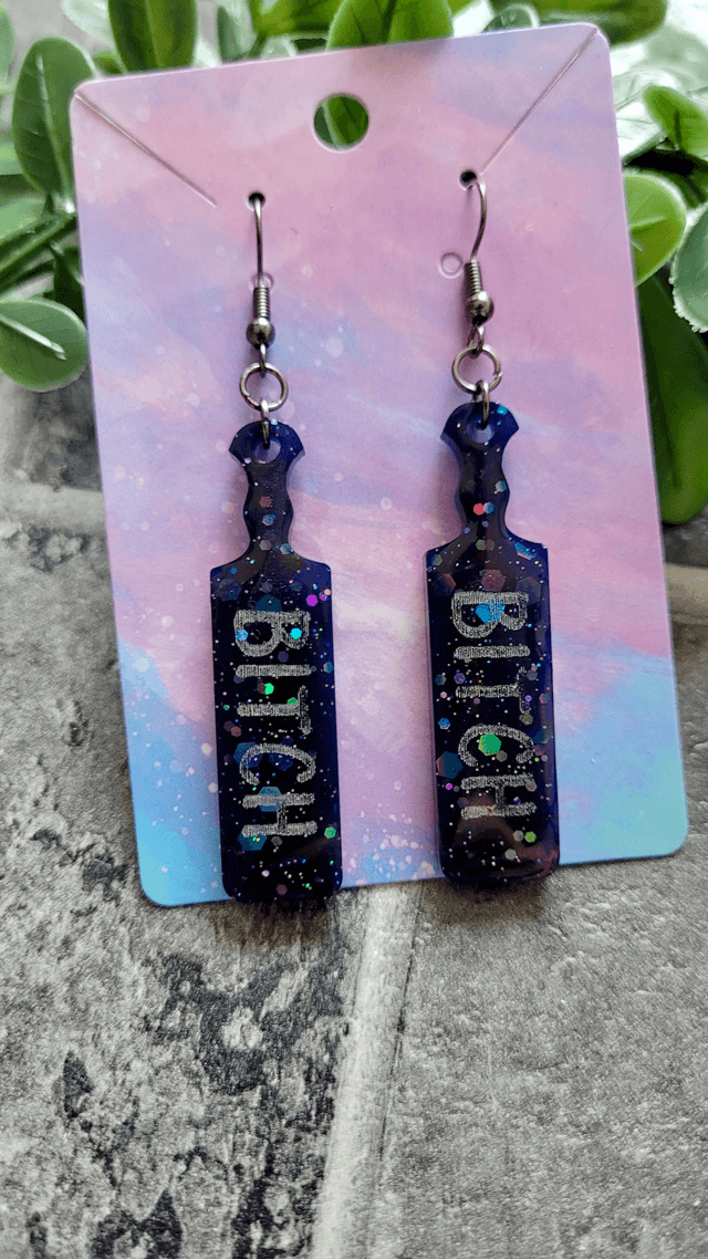 Earrings | Blue-Black Holographic Glitter BITCH earrings  | Stainless Steel Gunmetal Black Hooks