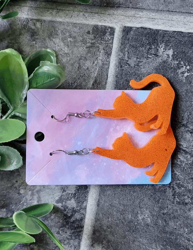 Earrings | Orange Glitter Ginger Cats Stretching | Cat Stainless Steel Hoops or Hooks