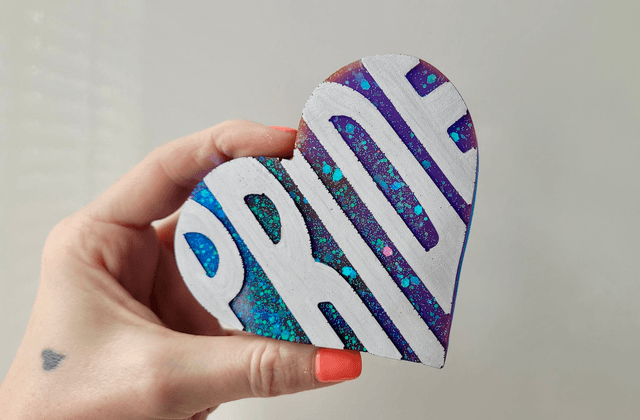 PRIDE Heart - Silver Text, Blue and Purple Glittery Heart Ornament