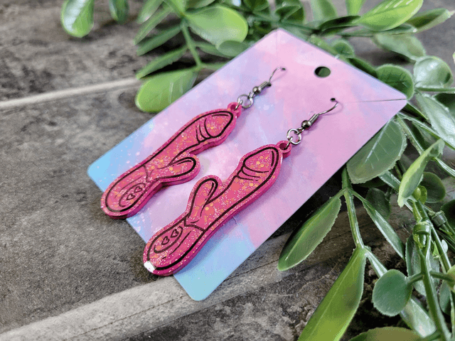 Earrings | Pink Glitter Rabbit Vibrator Earrings | Stainless Steel Hooks