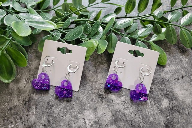 Earrings | Purple Glitter Hearts | Stainless Steel Hoops