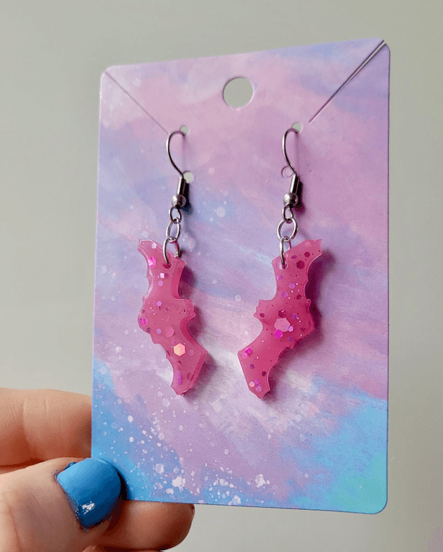Earrings | Pink Glitter Bats | Stainless Steel Hooks