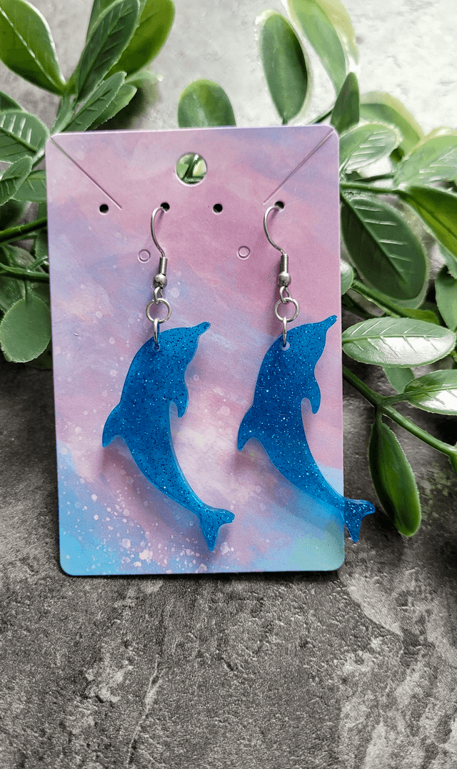 Earrings | Blue Glitter Dolphins | Stainless Steel Hooks