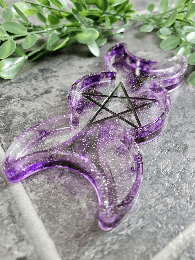 Trinket Tray - Triple Moon Phase Pentacle - Purple Swirl Glitter