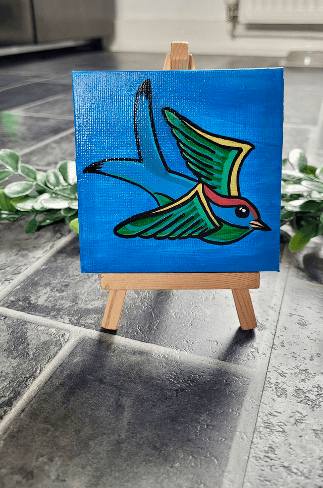 Original Mini Canvas Painting – Blue Swallow - Tattoo Style